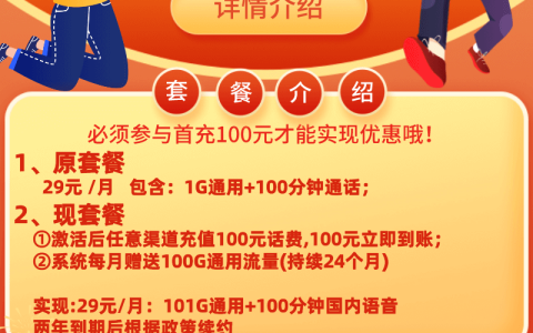 联通小冬卡：29元/月，每月101G通用流量+100分钟通话