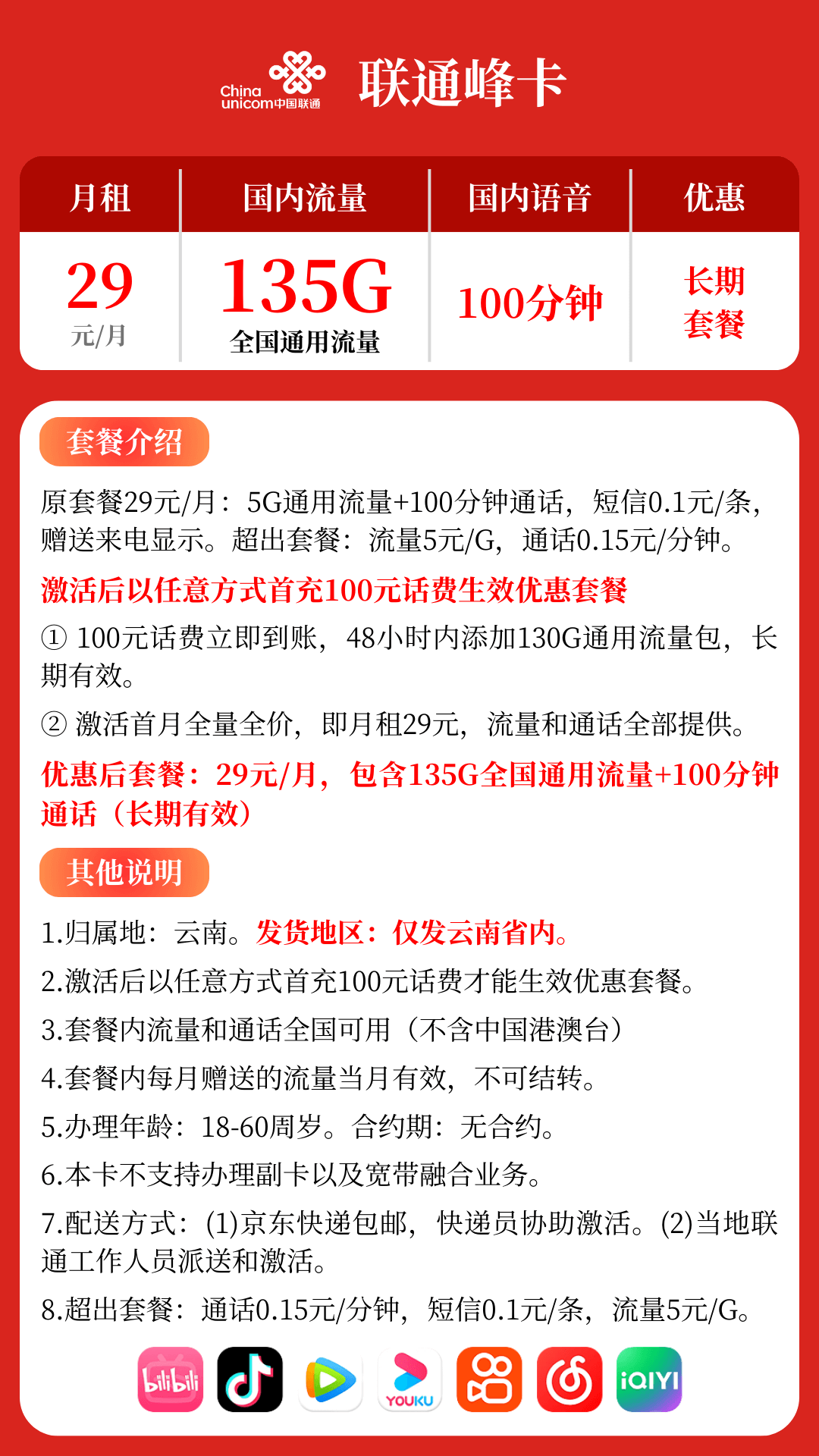 云南联通峰卡29元套餐详情图