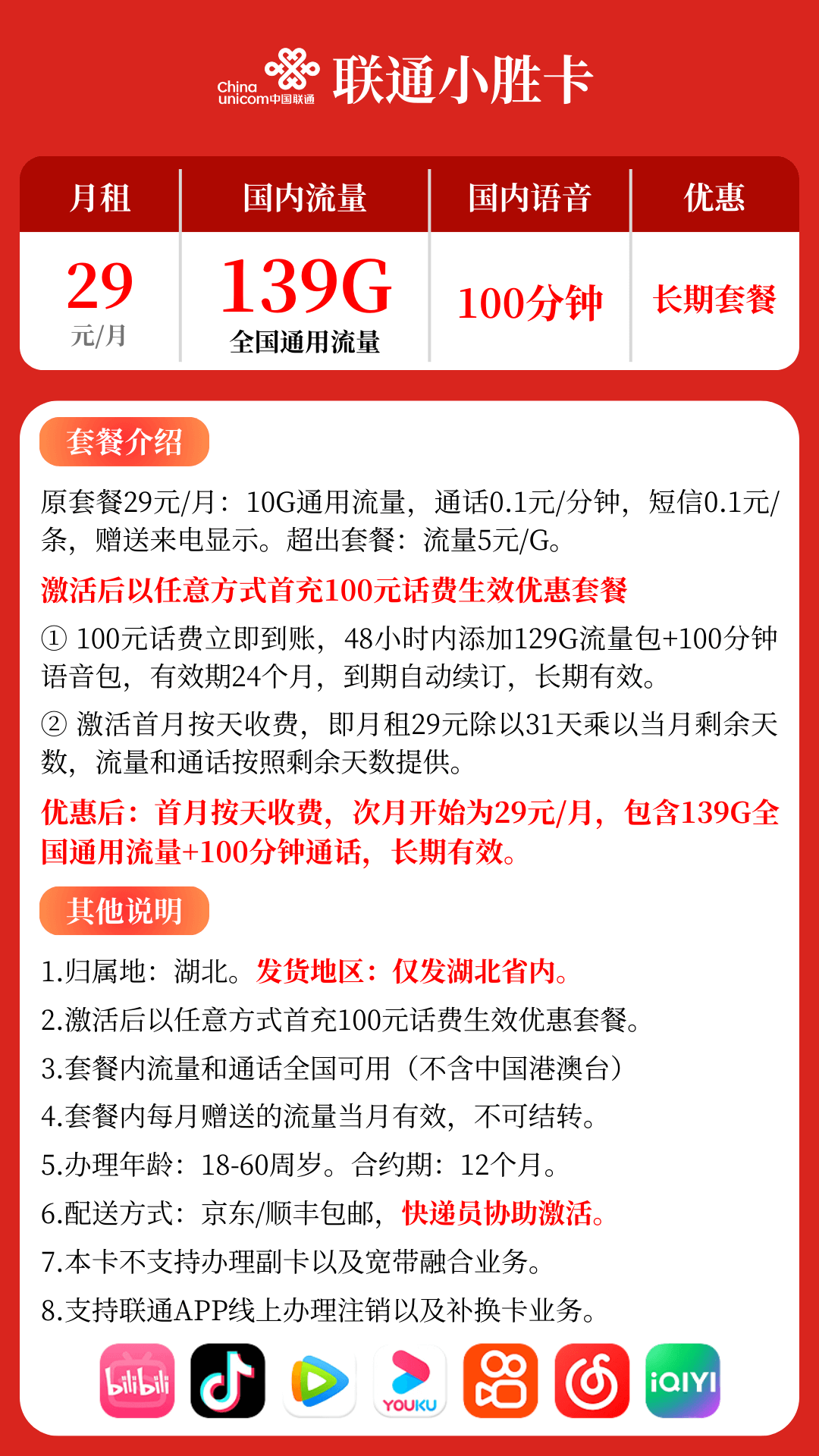 湖北联通小胜卡套餐详情图