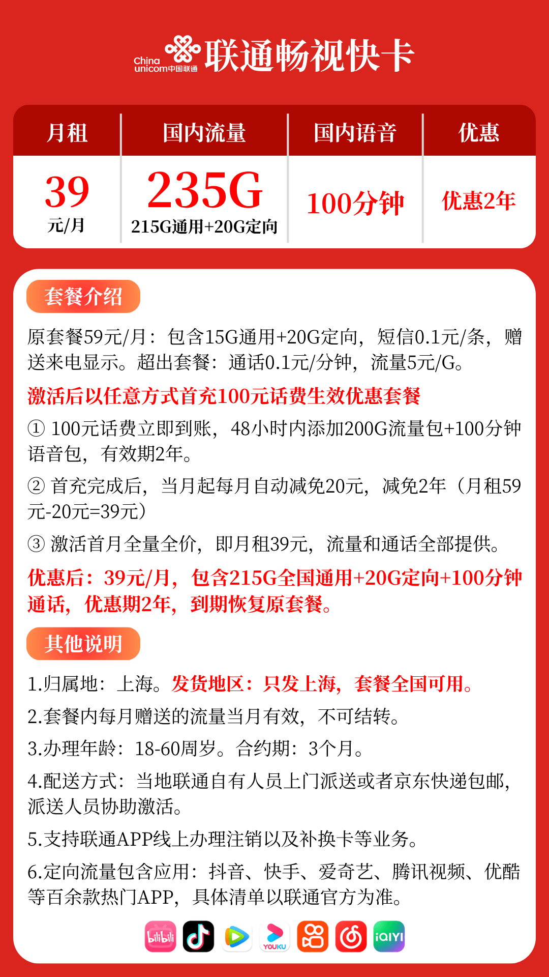 上海联通畅视快卡套餐详情图